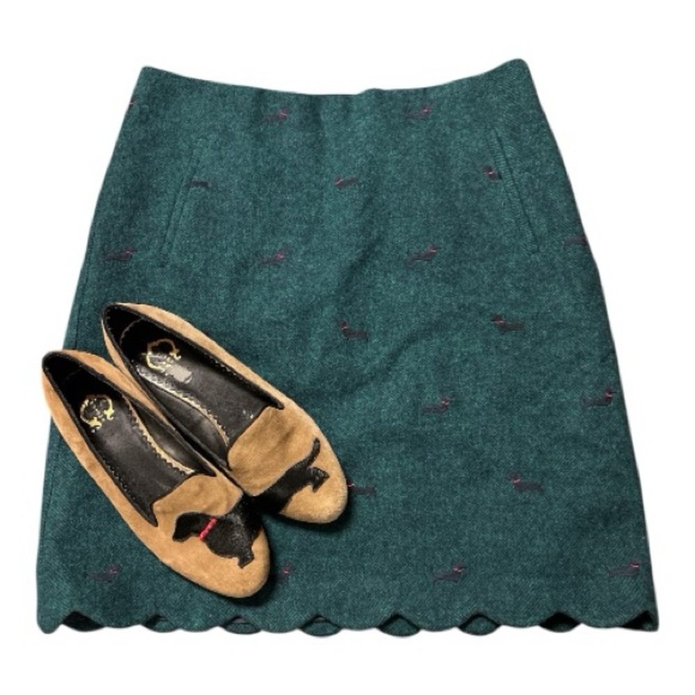Talbots Teal Green Dachshund Dog Print Wool Blend Scalloped Pencil Skirt Size 6